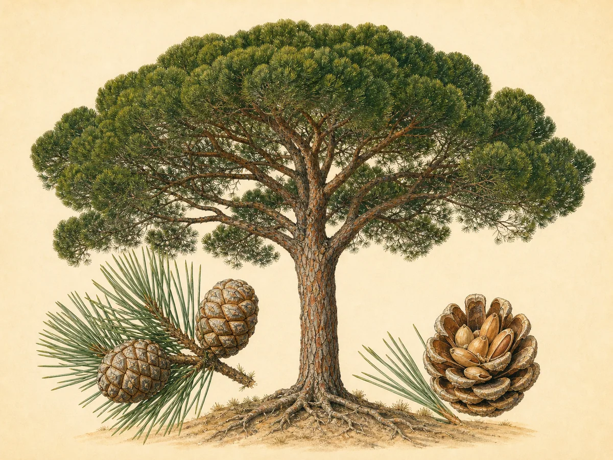 Ilustração botânica de um pinheiro-manso em copa de guarda-sol com agulhas, pinhas e pinhões