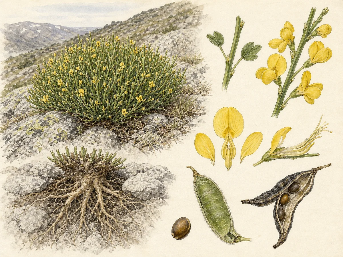 Prancha botânica de Cytisus oromediterraneus com moita baixa de ramos verdes estriados, pequenas folhas trifoliadas, flores amarelas papilionáceas e vagens