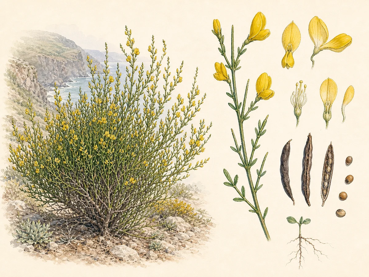 Prancha botânica de Genista tenera com arbusto costeiro de ramos verdes finos sem espinhos, folhas pequenas, flores amarelas papilionáceas, vagens escuras, sementes e raízes