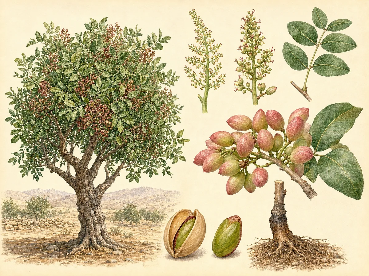 Ilustração botânica de pistaceira enxertada com folhas compostas, flores masculinas e femininas separadas e cachos de pistácios de casca aberta
