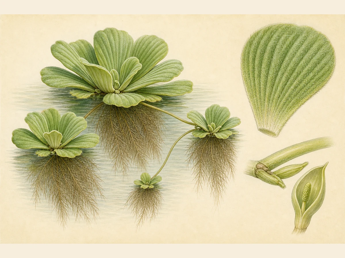Prancha ilustrada de Pistia stratiotes com rosetas livre-flutuantes ligadas por estolhos, folhas verde-claras nervadas e aveludadas, raízes plumosas e pequena inflorescência de espata e espádice