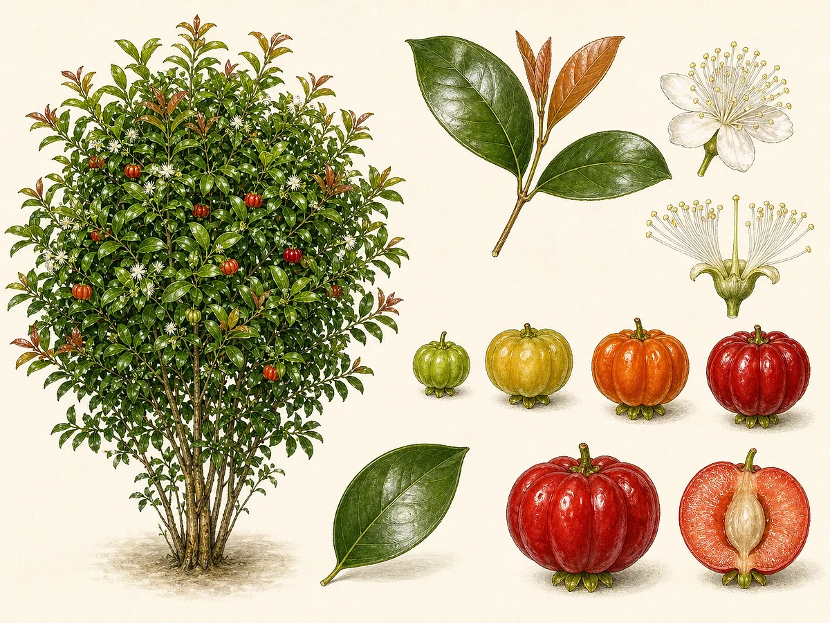 Prancha botânica de Eugenia uniflora com arbusto, folhas adultas e bronze, flores brancas, pitangas em maturação e fruto cortado