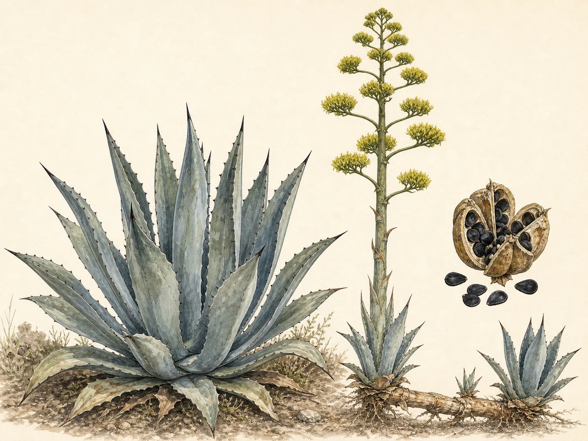 Prancha de Agave americana com grande roseta azulada armada, espiga floral alta, cápsulas, sementes e rebentos ligados por rizoma