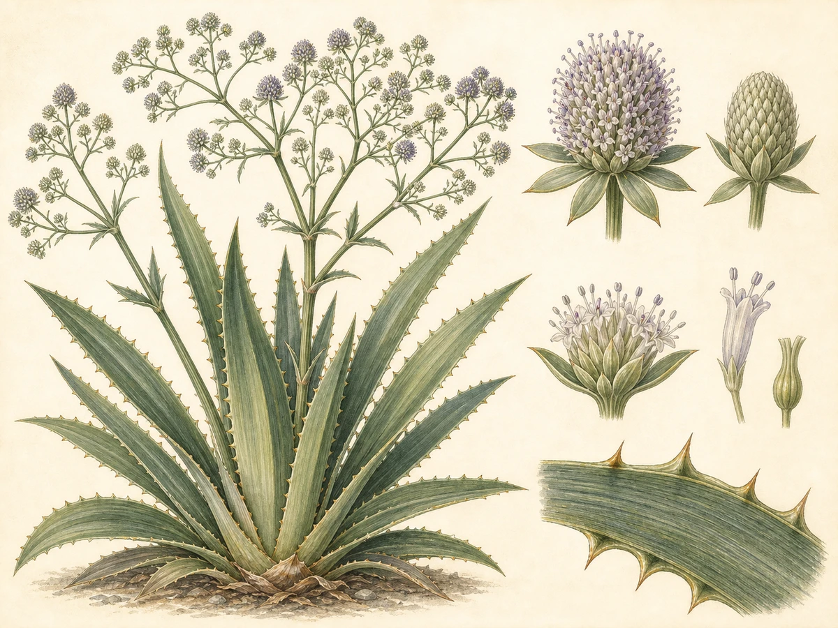 Prancha ilustrada de Eryngium pandanifolium com sub-roseta de folhas basais longas e espinhosas, caule floral alto, panícula ramificada e capítulos ovóides esbranquiçados a arroxeados