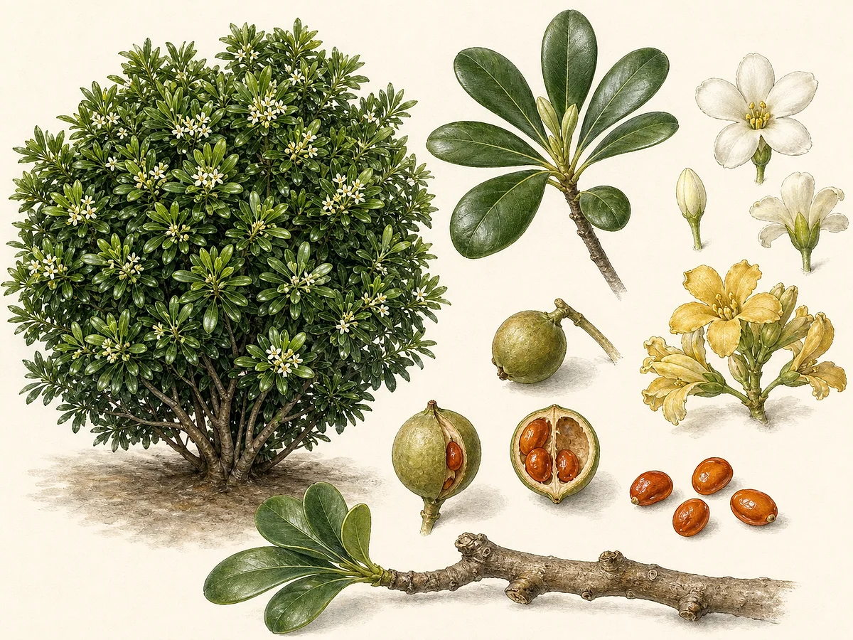Prancha botânica de Pittosporum tobira com arbusto, folhas coriáceas, flores brancas e amarelas e cápsulas com sementes vermelhas
