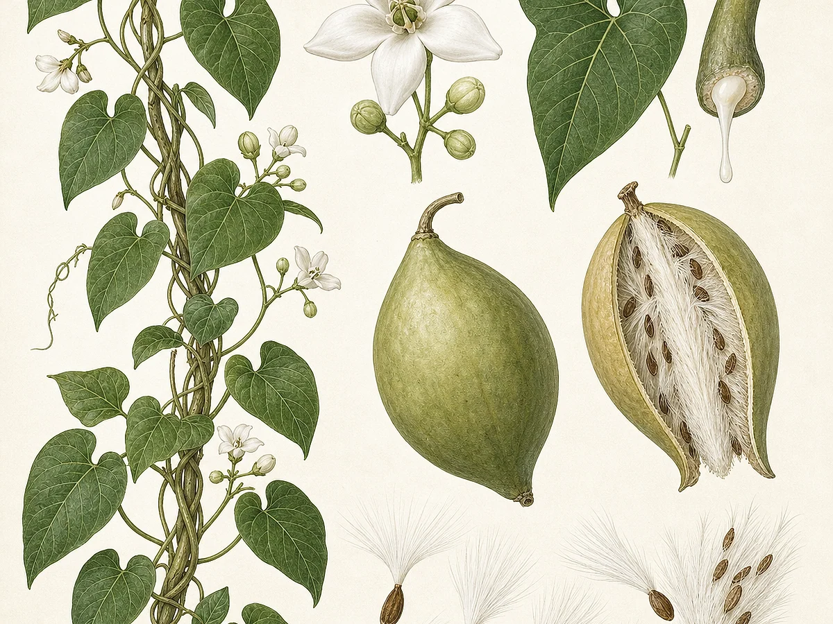 Prancha botânica preventiva de Araujia sericifera com liana, folhas cordiformes opostas, flores brancas cerosas, grande folículo e sementes com penacho