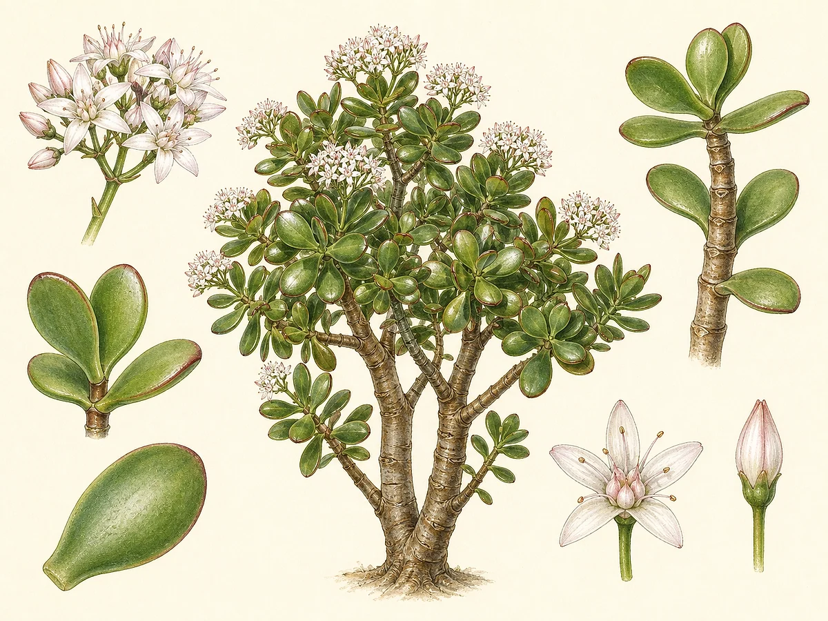 Prancha botânica de Crassula ovata com folhas suculentas, ramos, flores estreladas e botão floral
