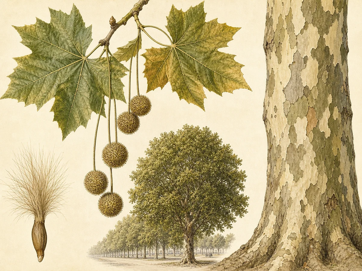 Prancha botânica de Platanus × hispanica com casca exfoliante mosqueada, folhas palmadas, capítulos esféricos pendentes e aquénios