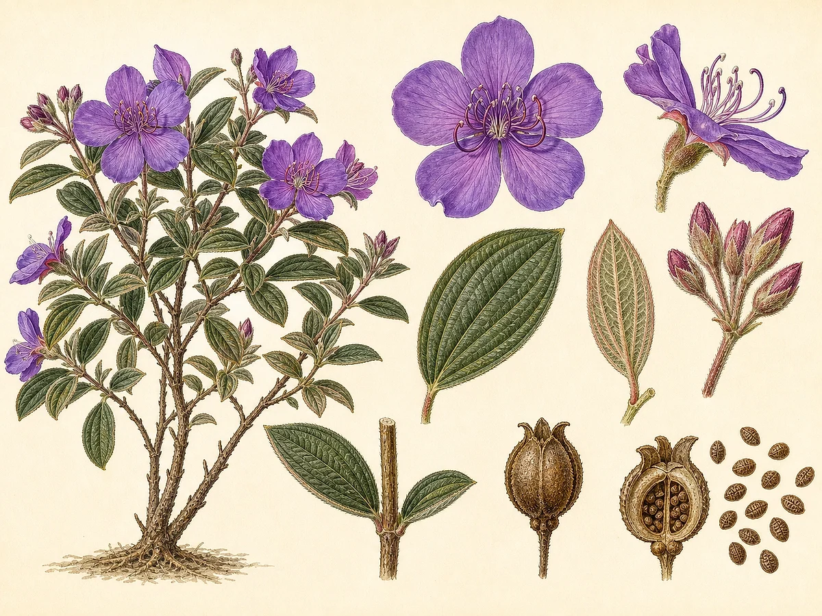Prancha botânica de Pleroma urvilleanum com arbusto, folhas aveludadas de nervuras longitudinais, flores violetas, estames curvos, cápsula e sementes