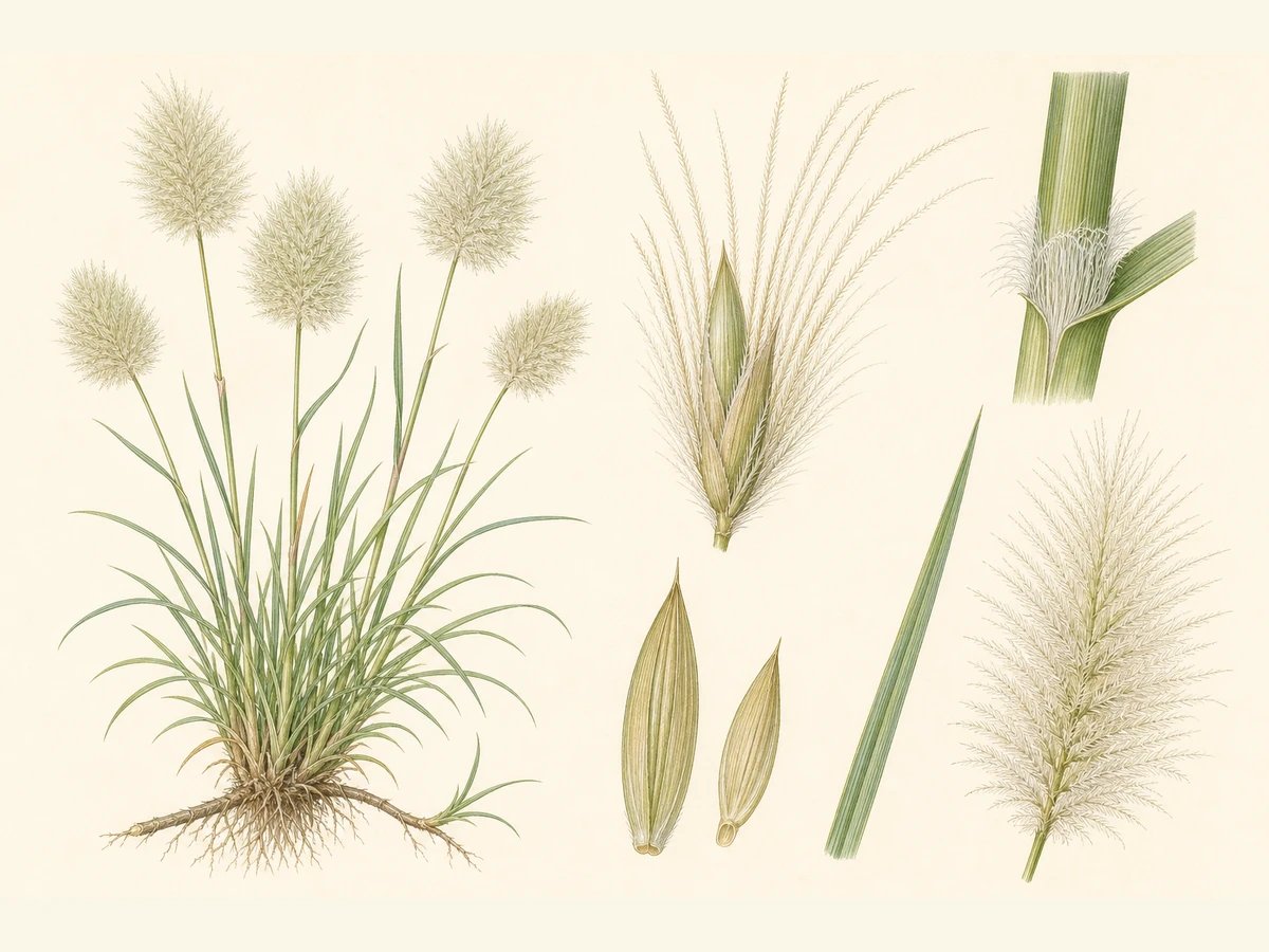 Prancha ilustrada de Pennisetum villosum, nome aceite Cenchrus longisetus, com tufo perene de rizoma curto, folhas lineares estreitas, lígula ciliada e panículas plumosas claras com espiguetas envolvidas por cerdas longas