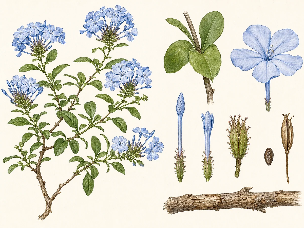 Prancha botânica de Plumbago auriculata com arbusto trepador, folhas auriculadas, flores azul-claras, cálices glandulosos e cápsula