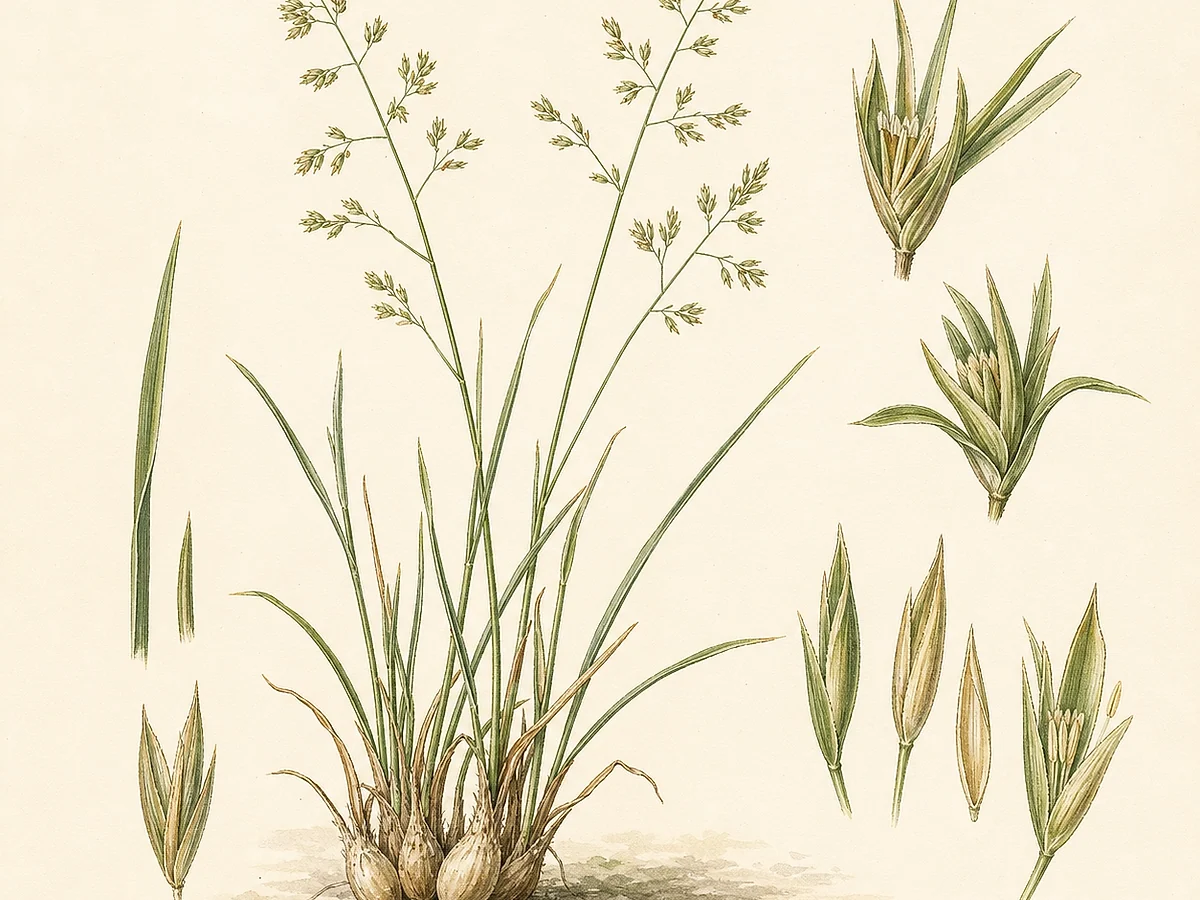 Prancha botânica de Poa bulbosa com tufos baixos, base do colmo engrossada em bolbo, panícula delicada e espiguetas por vezes vivíparas