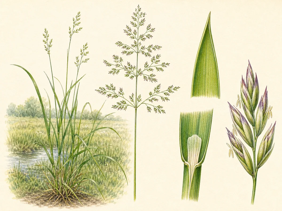 Prancha botânica de Poa trivialis com caules ascendentes, folhas verdes de ponta em proa, lígula longa e panícula aberta