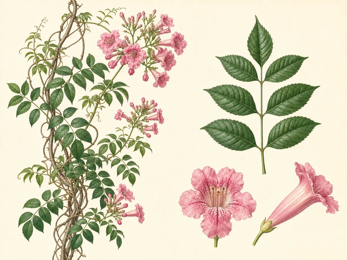 Prancha ilustrada de Podranea ricasoliana com liana vigorosa, folhas imparipinadas e cachos de flores cor de rosa em trombeta