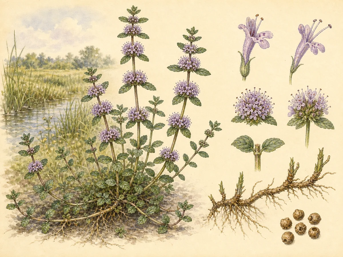 Ilustração botânica de poejo com caules rasteiros enraizantes, pequenas folhas ovais opostas, verticilos densos de flores lilases, frutos e raiz