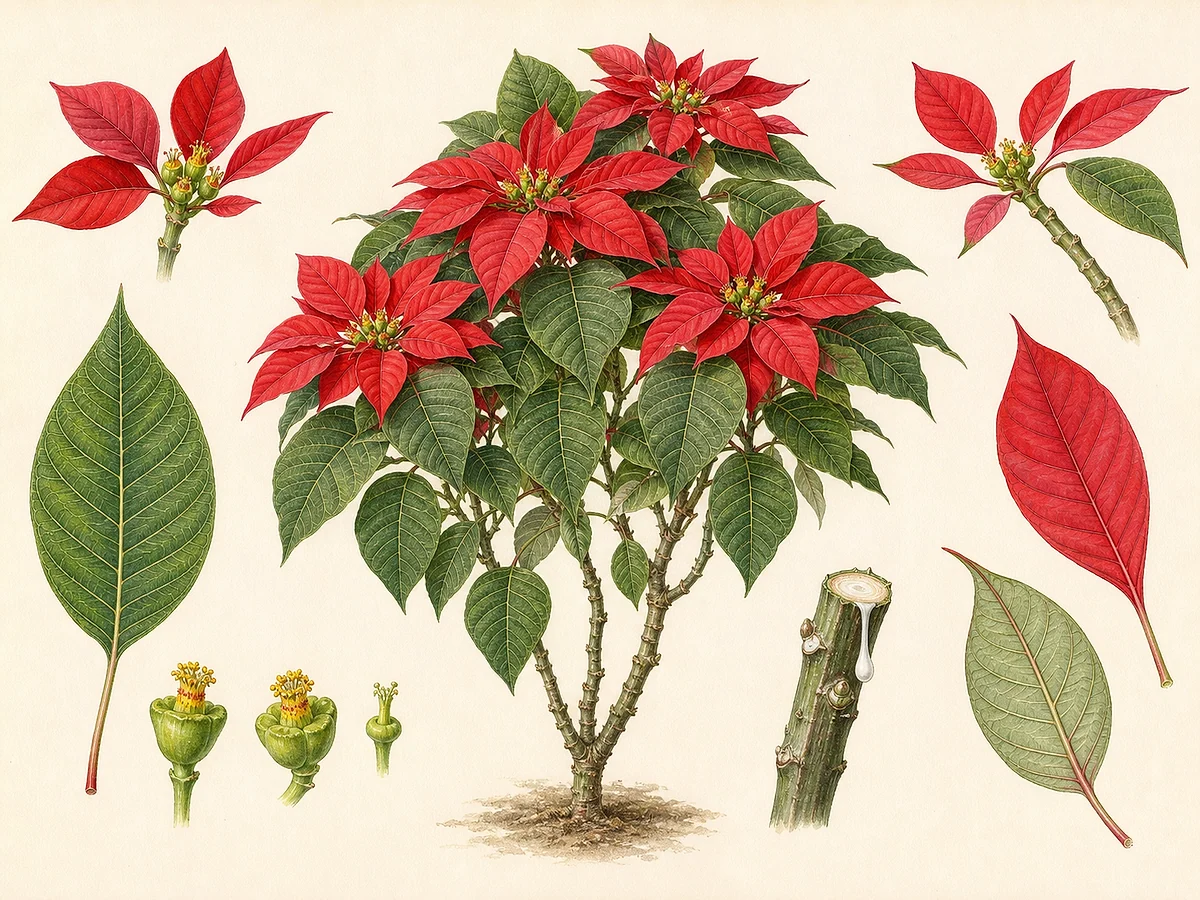 Prancha botânica de uma poinsétia com brácteas vermelhas, folhas, ciátios e caule com látex