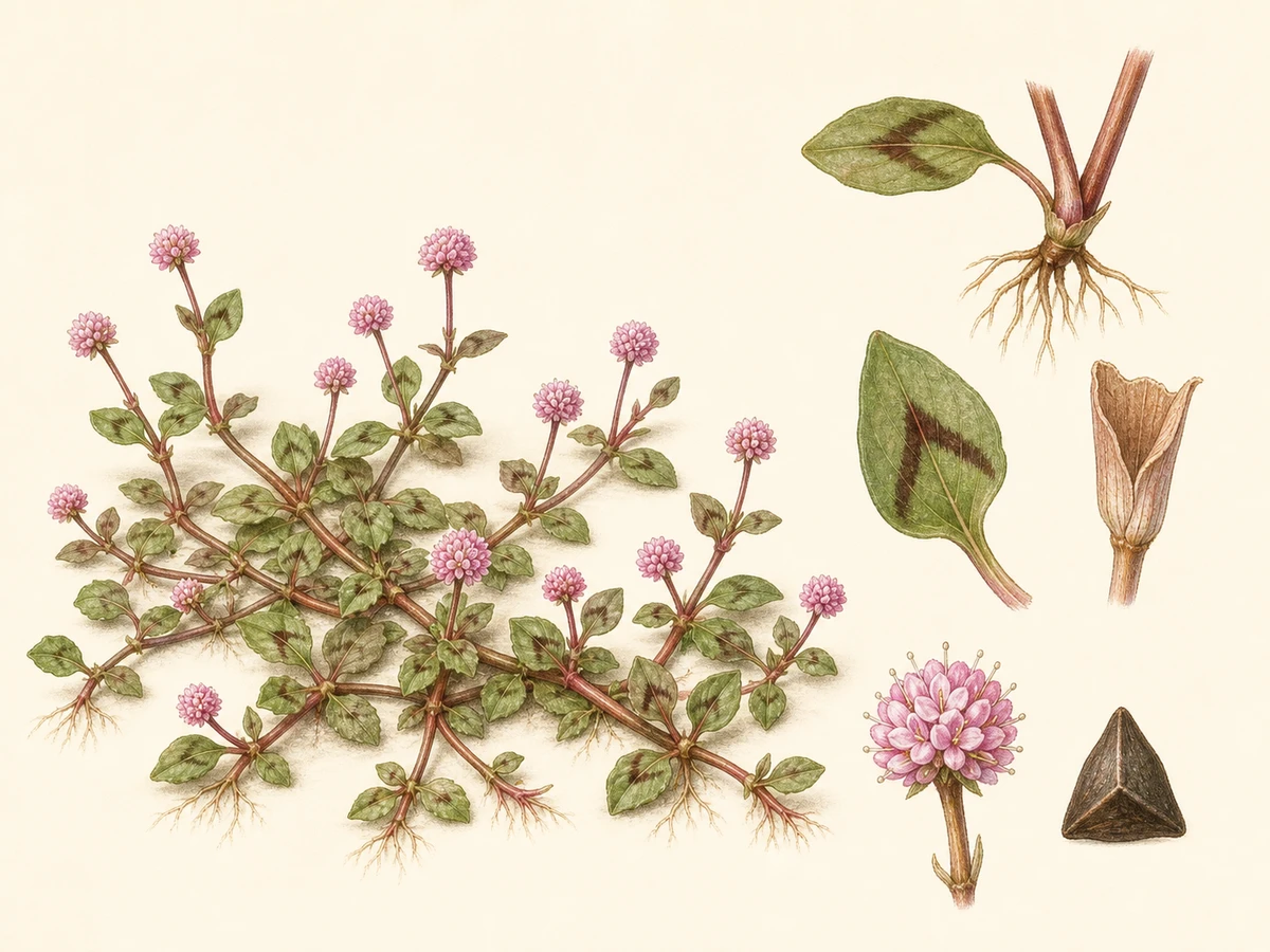 Prancha ilustrada de Polygonum capitatum, nome aceite Persicaria capitata, com caules rastejantes enraizados nos nós, folhas com marca em V, capítulos rosados e fruto escuro