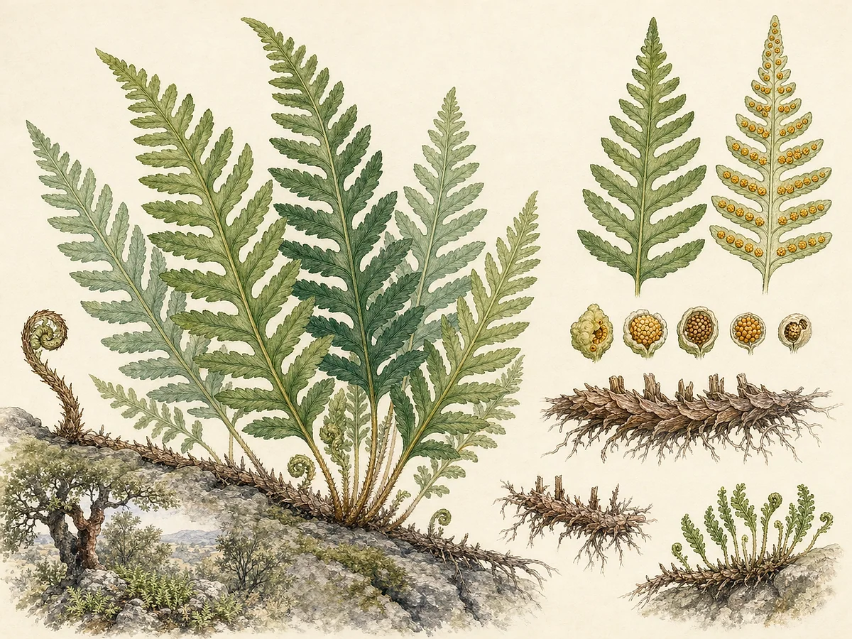 Prancha botânica de Polypodium cambricum com rizoma rastejante, frondes profundamente recortadas e soros redondos amarelo-alaranjados