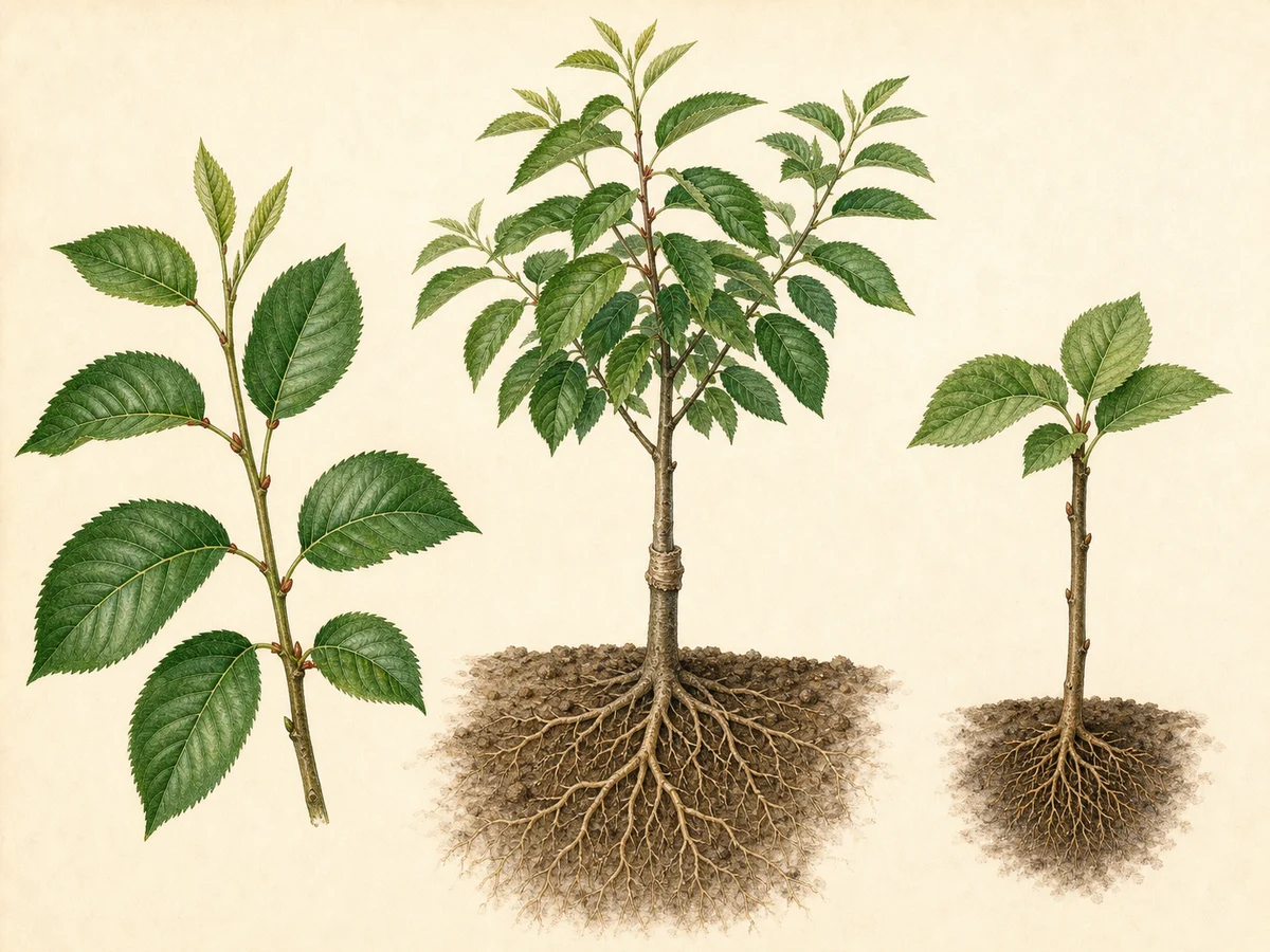 Prancha do Colt com folhas largas de cerejeira, raízes vigorosas, estaca clonal, união e cerejeira formada