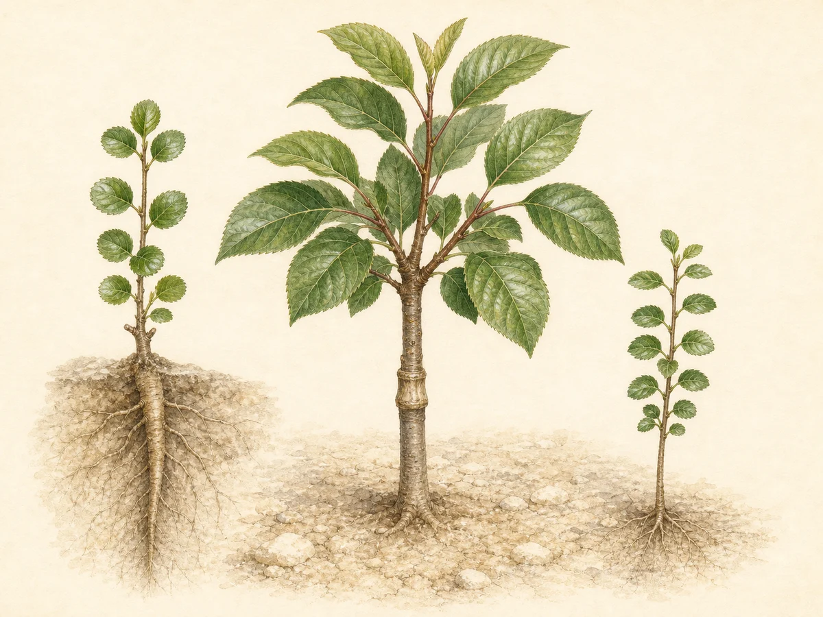 Prancha de Prunus mahaleb com caroço pequeno, plântula, folhas arredondadas, raízes profundas e cerejeira enxertada