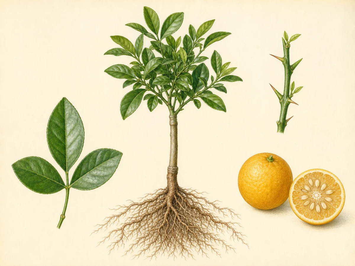 Prancha botânica do citrange C-35 com folhas trifoliadas, fruto amarelo-alaranjado, raízes médias e laranjeira enxertada