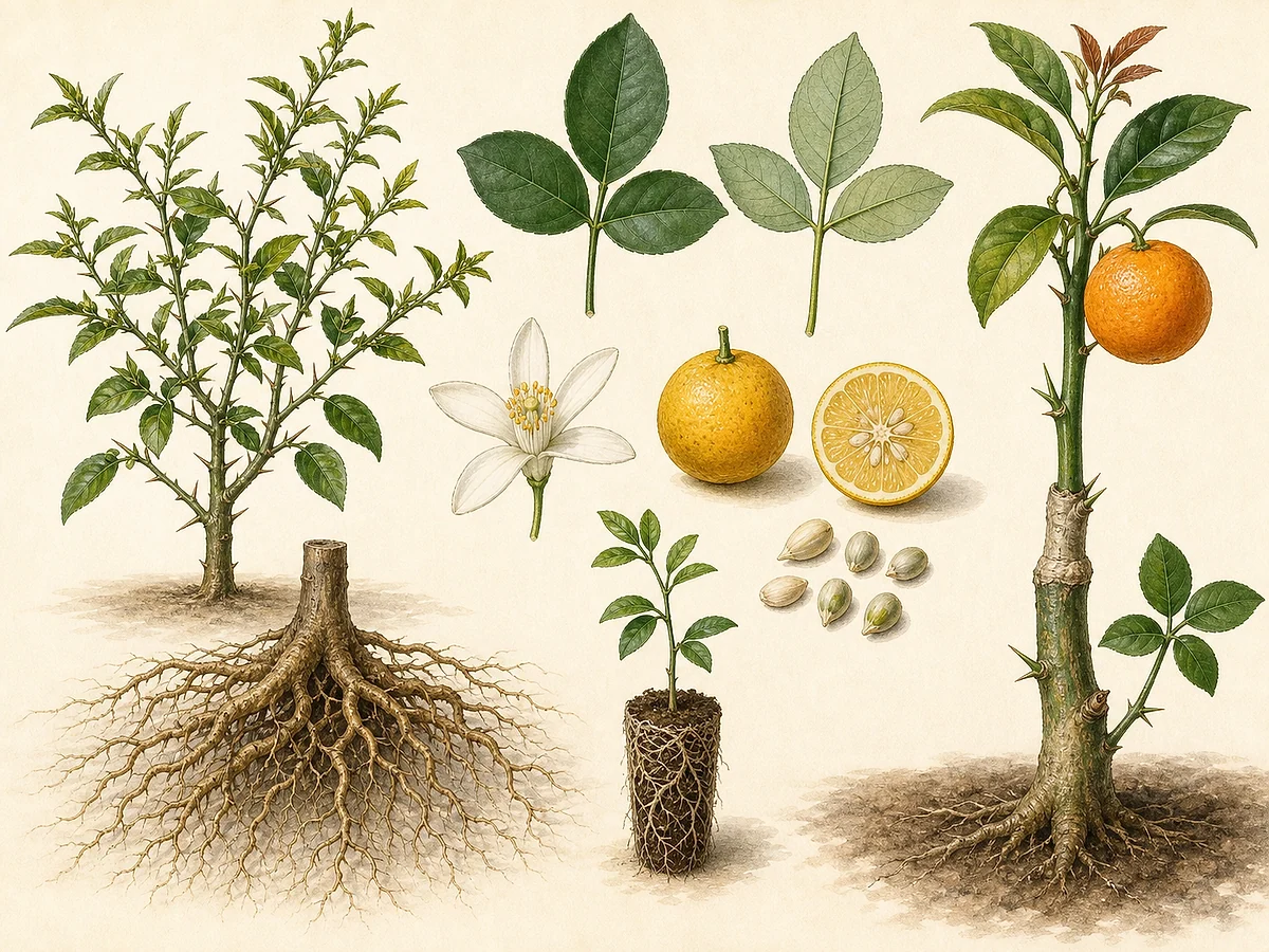 Prancha do citrange Carrizo com folhas trifoliadas, espinhos, fruto amarelo, sementes, raízes e citrino enxertado