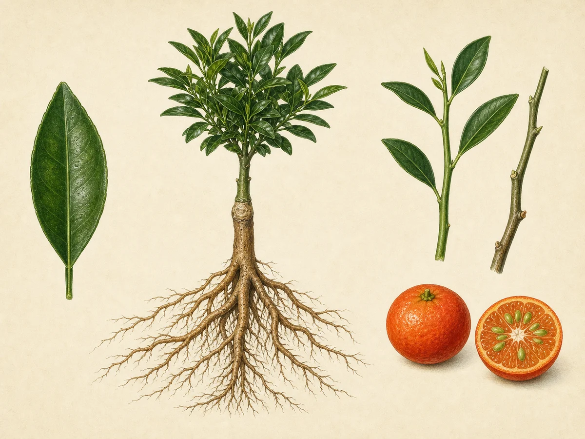 Prancha da tangerineira Cleópatra com folhas pequenas simples, fruto achatado vermelho-alaranjado, sementes, raízes e citrino enxertado