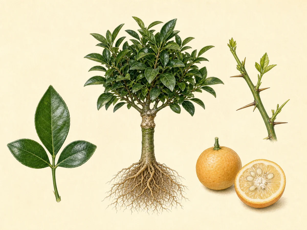 Prancha do Forner-Alcaide 13 com folhas trifoliadas, raízes compactas, planta de baixo vigor e citrino enxertado