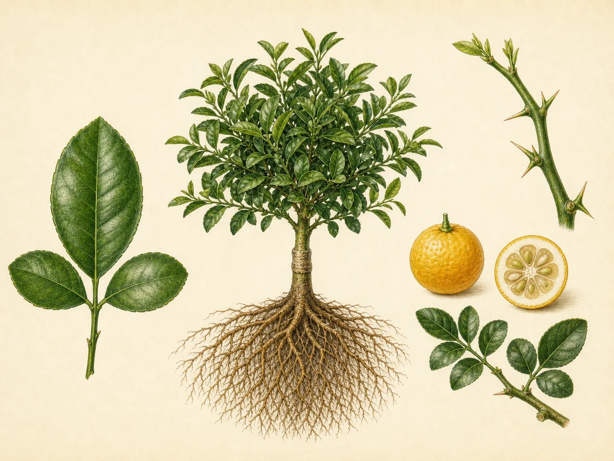 Prancha do Forner-Alcaide 5 com folhas trifoliadas, raízes compactas, planta semiananicante e união de enxertia equilibrada