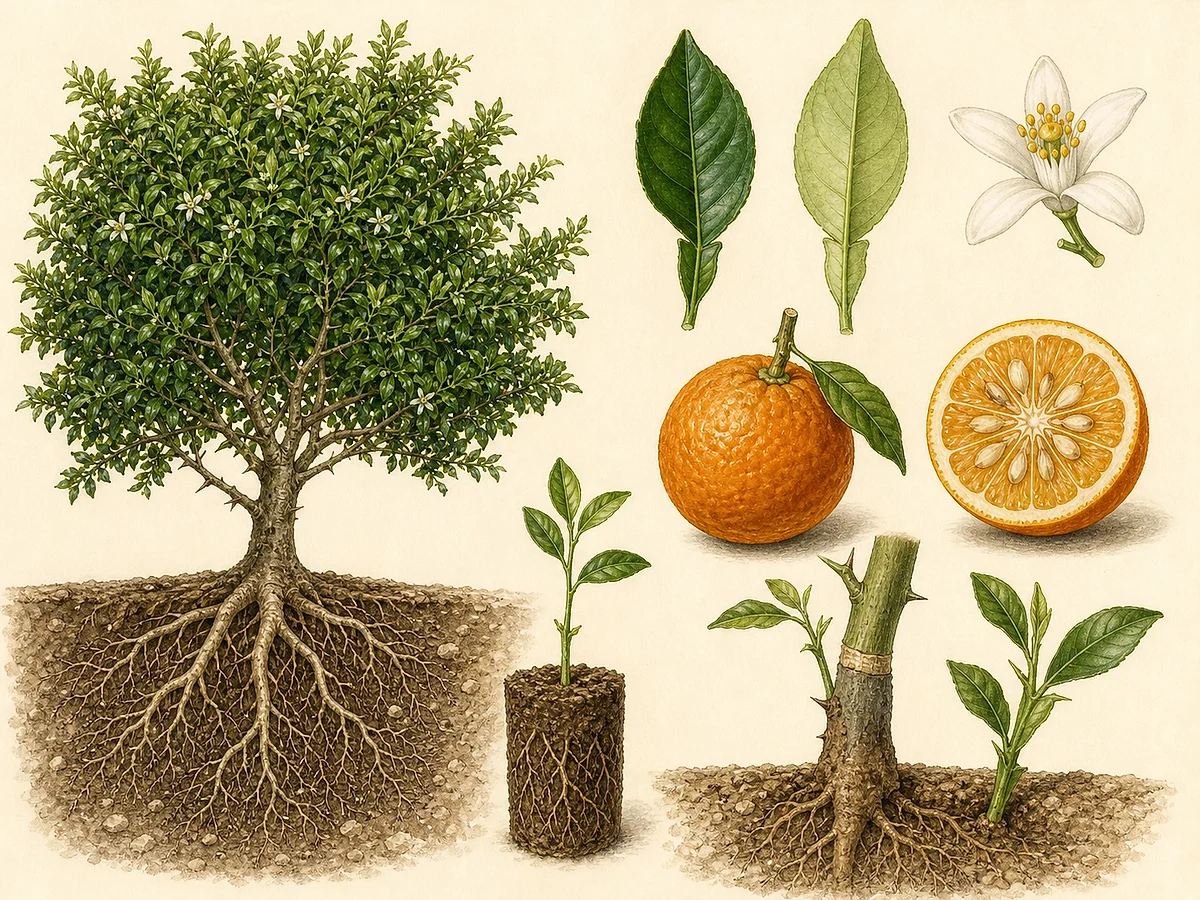 Prancha da laranjeira-azeda como porta-enxerto com folha alada, flor, fruto rugoso, sementes, raízes e união enxertada