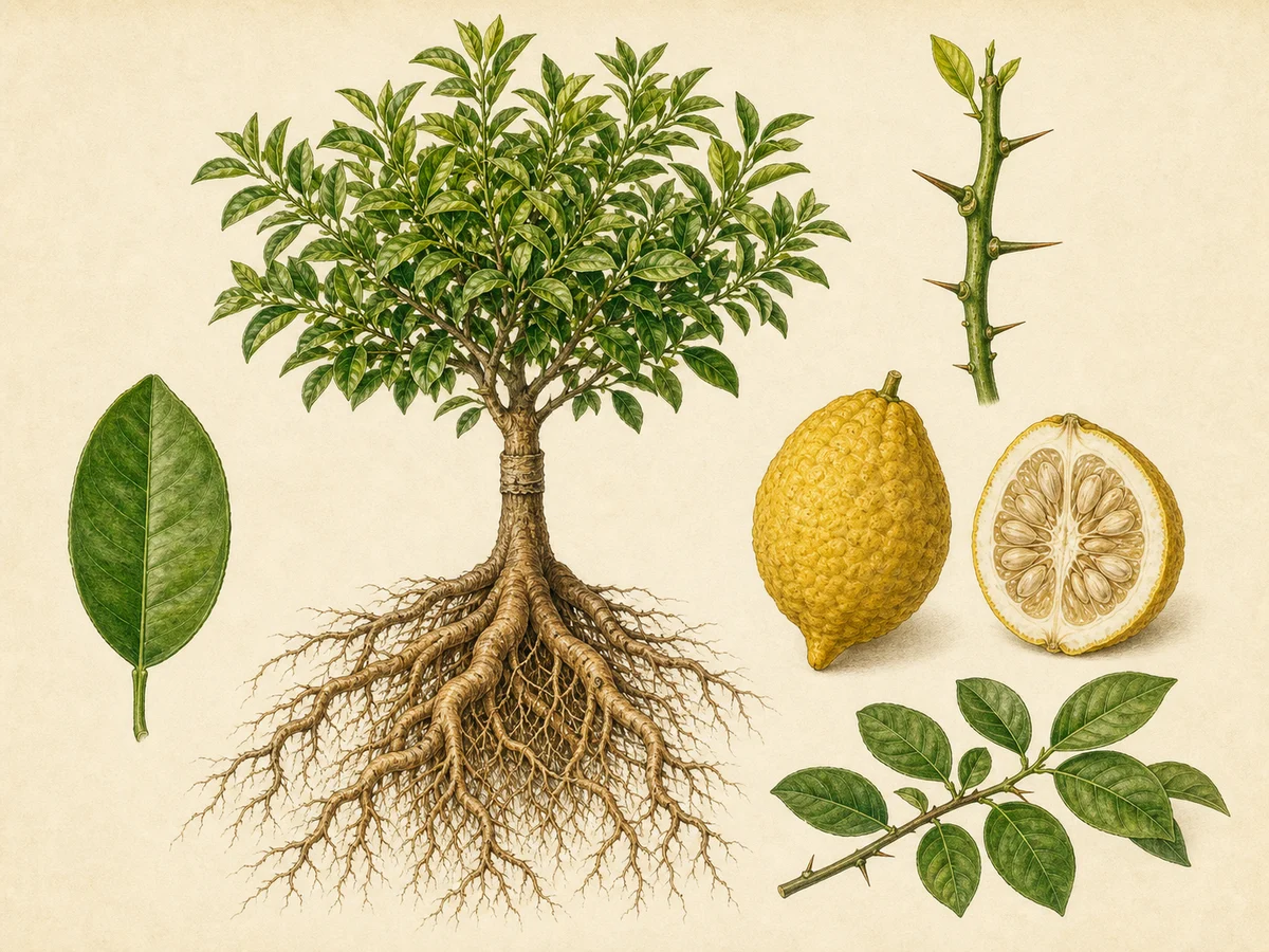 Prancha do limoeiro Rugoso com folhas simples, espinhos, fruto amarelo de casca rugosa, raízes vigorosas e citrino enxertado