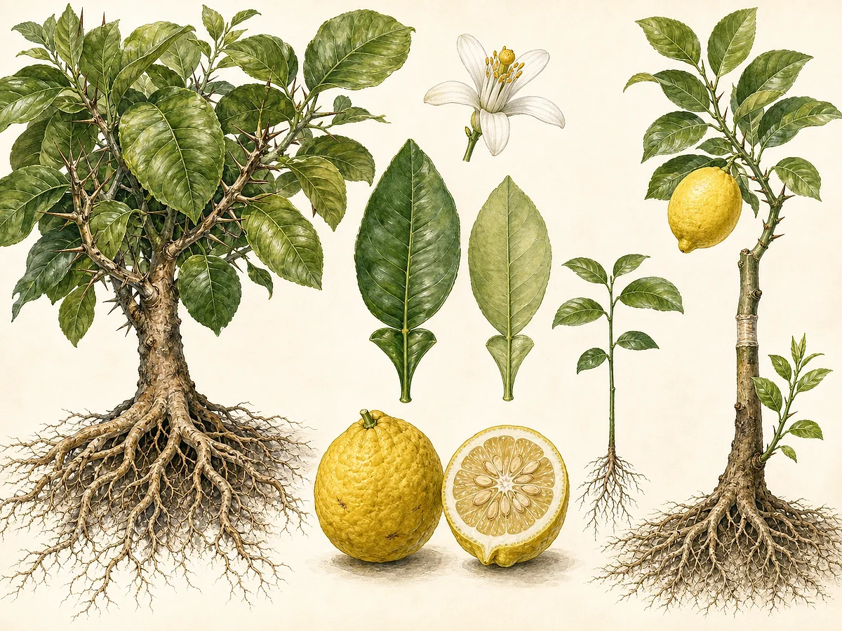 Prancha de Citrus macrophylla como porta-enxerto com folhas grandes, espinhos, fruto amarelo, sementes, raízes e limoeiro enxertado