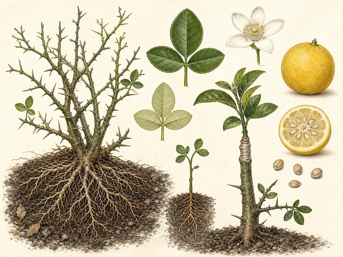 Prancha de Poncirus trifoliata como porta-enxerto com folha trifoliada, espinhos, fruto amarelo pubescente, sementes, raízes e enxertia