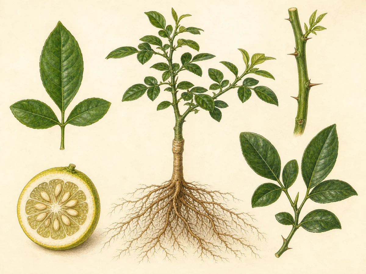 Prancha botânica do citrumelo Swingle com folhas trifoliadas, espinhos, fruto amarelo, raízes e citrino enxertado