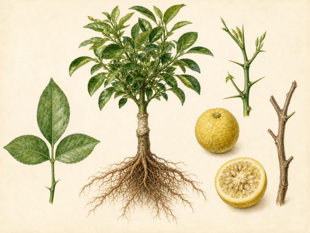 Prancha do citrange Troyer com folhas trifoliadas, espinhos, fruto amarelo, sementes, raízes e laranjeira enxertada