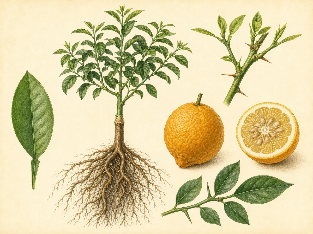 Prancha botânica de Citrus volkameriana com folhas simples, espinhos, limão alaranjado rugoso, raízes vigorosas e enxertia