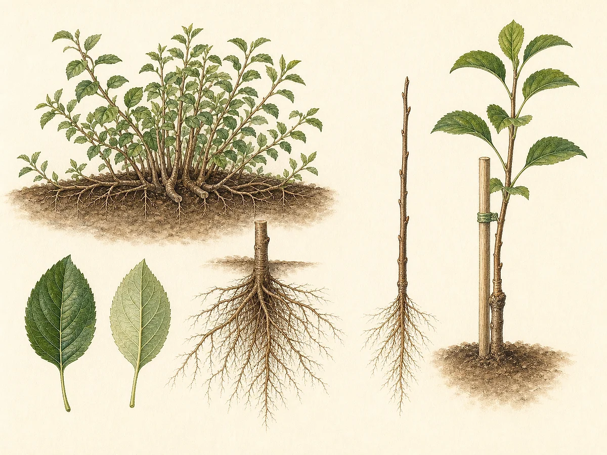 Prancha de viveiro do porta-enxerto M.26 com raízes, planta semiananicante, rebento clonal, tutor e união de enxertia