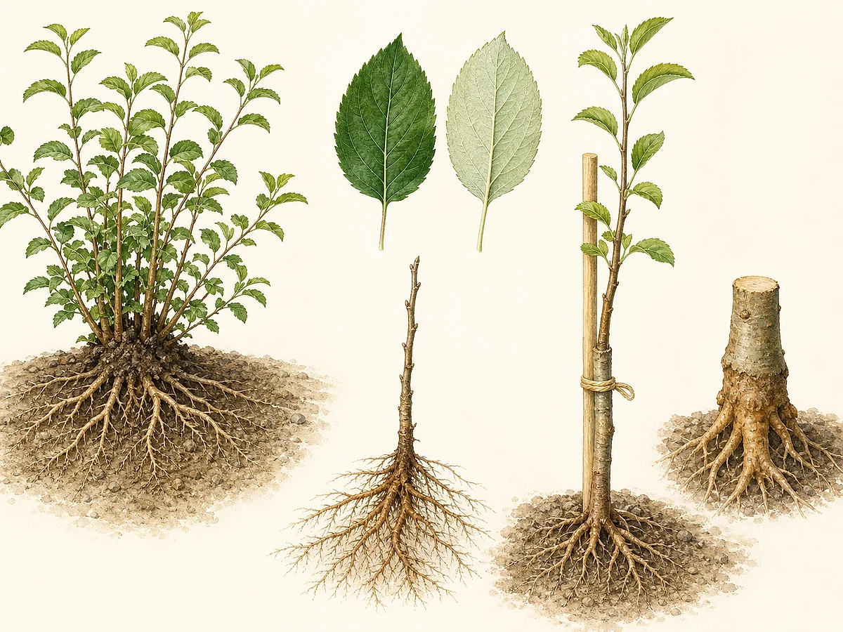 Prancha de viveiro do porta-enxerto MM.106 com sistema radicular médio, planta semivigorosa, ramo, união e árvore jovem enxertada