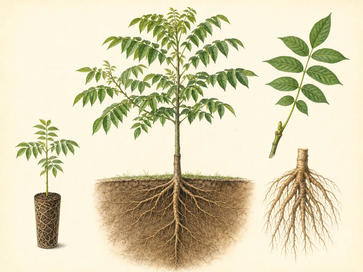 Prancha do Vlach com microplanta clonal, folhas compostas de nogueira, raízes vigorosas e nogueira enxertada