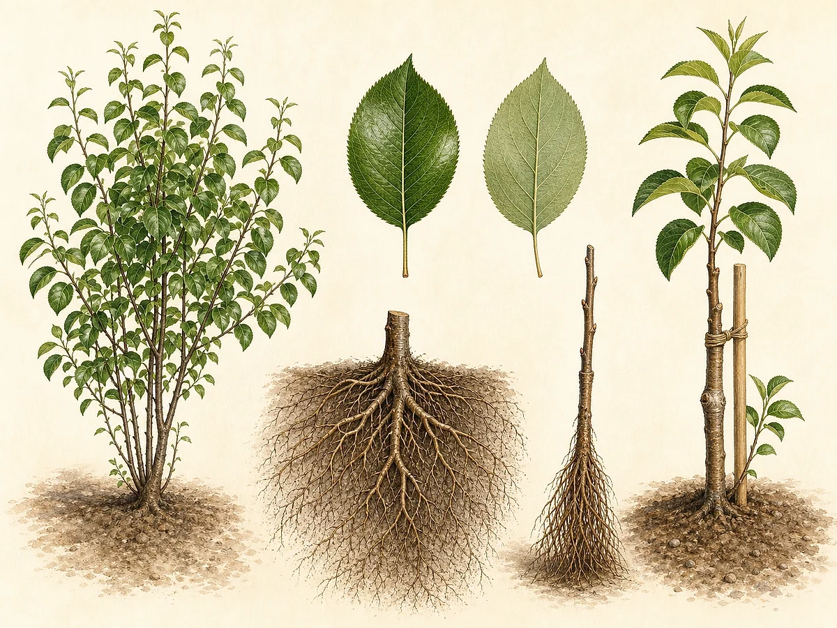 Prancha do porta-enxerto de pereira OHxF 333 com folha de Pyrus, raízes, estaca enraizada, união e árvore enxertada