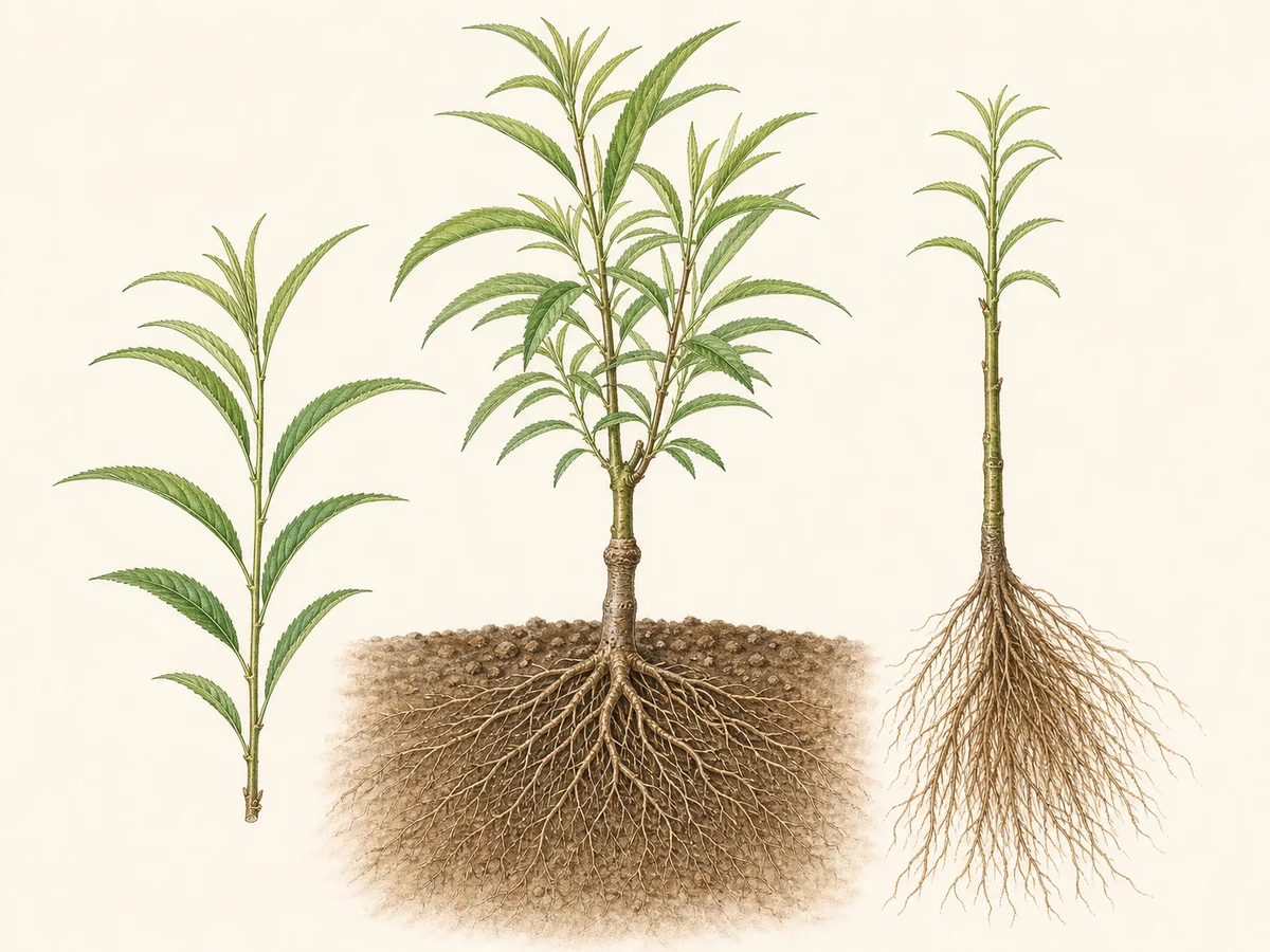 Prancha do Cadaman com folhas estreitas de pessegueiro, raízes fibrosas, planta clonal e pessegueiro enxertado