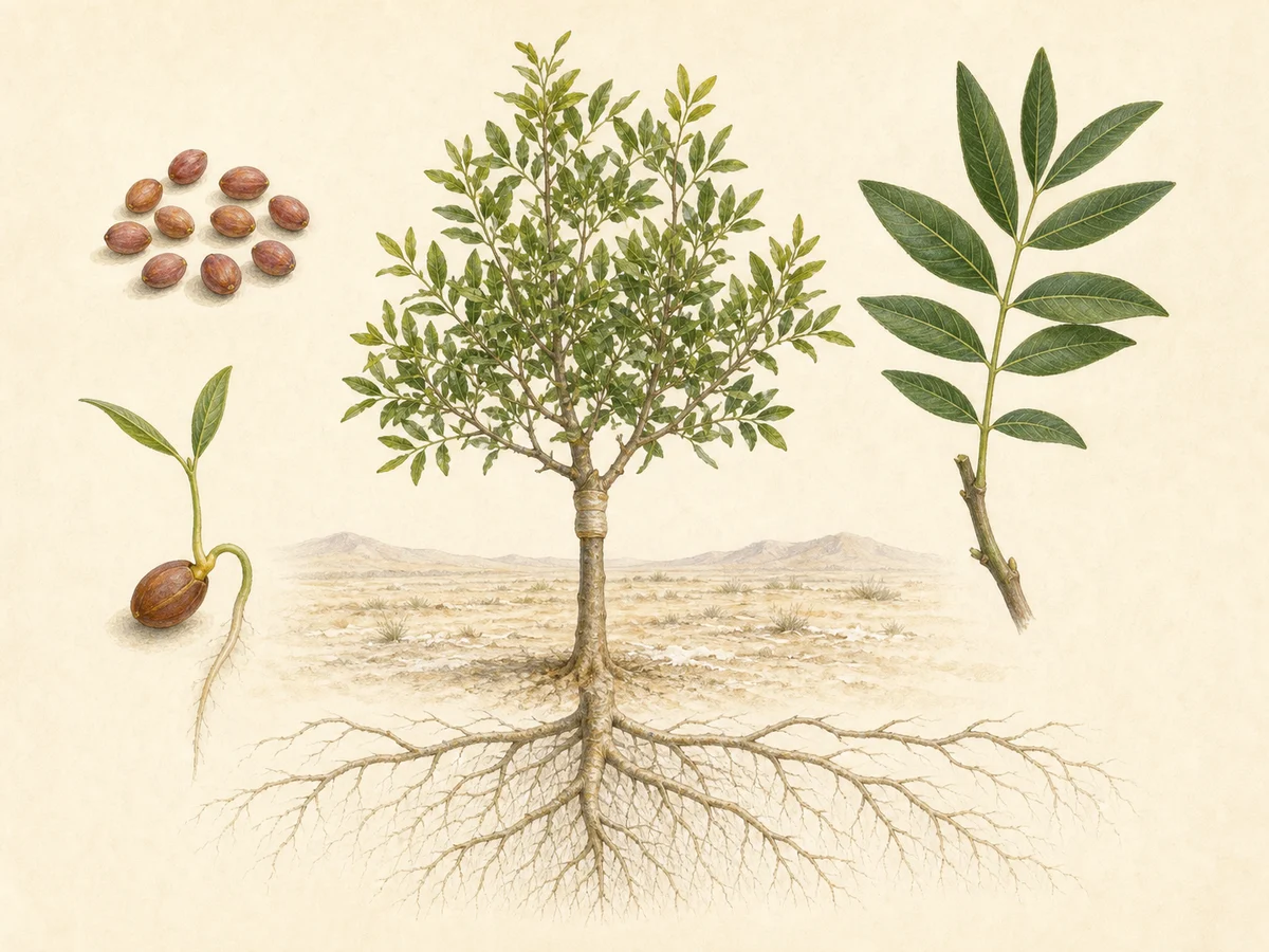 Prancha de Pistacia atlantica com sementes, plântula, folhas compostas, raízes profundas e pistacheira enxertada