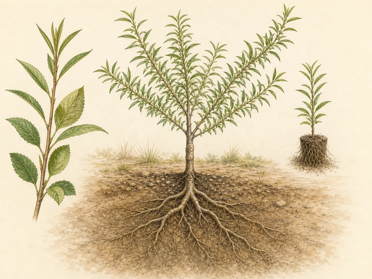 Prancha do Rootpac R com folhagem intermédia de amendoeira e ameixeira, raízes vigorosas, microplanta e árvore enxertada