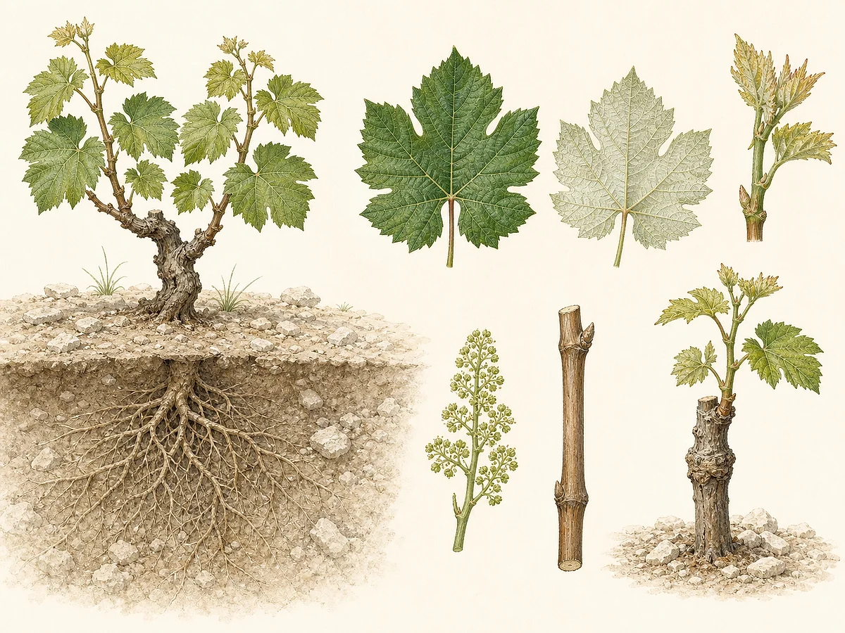 Prancha ampelográfica do porta-enxerto 41 B com folha lobada de caráter vinifera, raízes, vara lenhosa, flores e enxertia