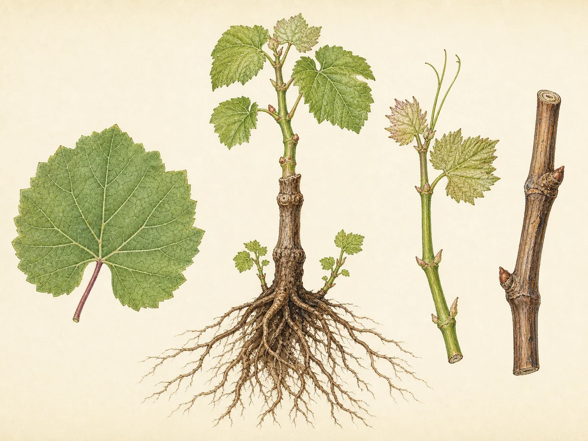 Prancha ampelográfica do Rupestris du Lot com folha pequena reniforme, muitos rebentos basais, raízes fortes, vara curta e enxertia