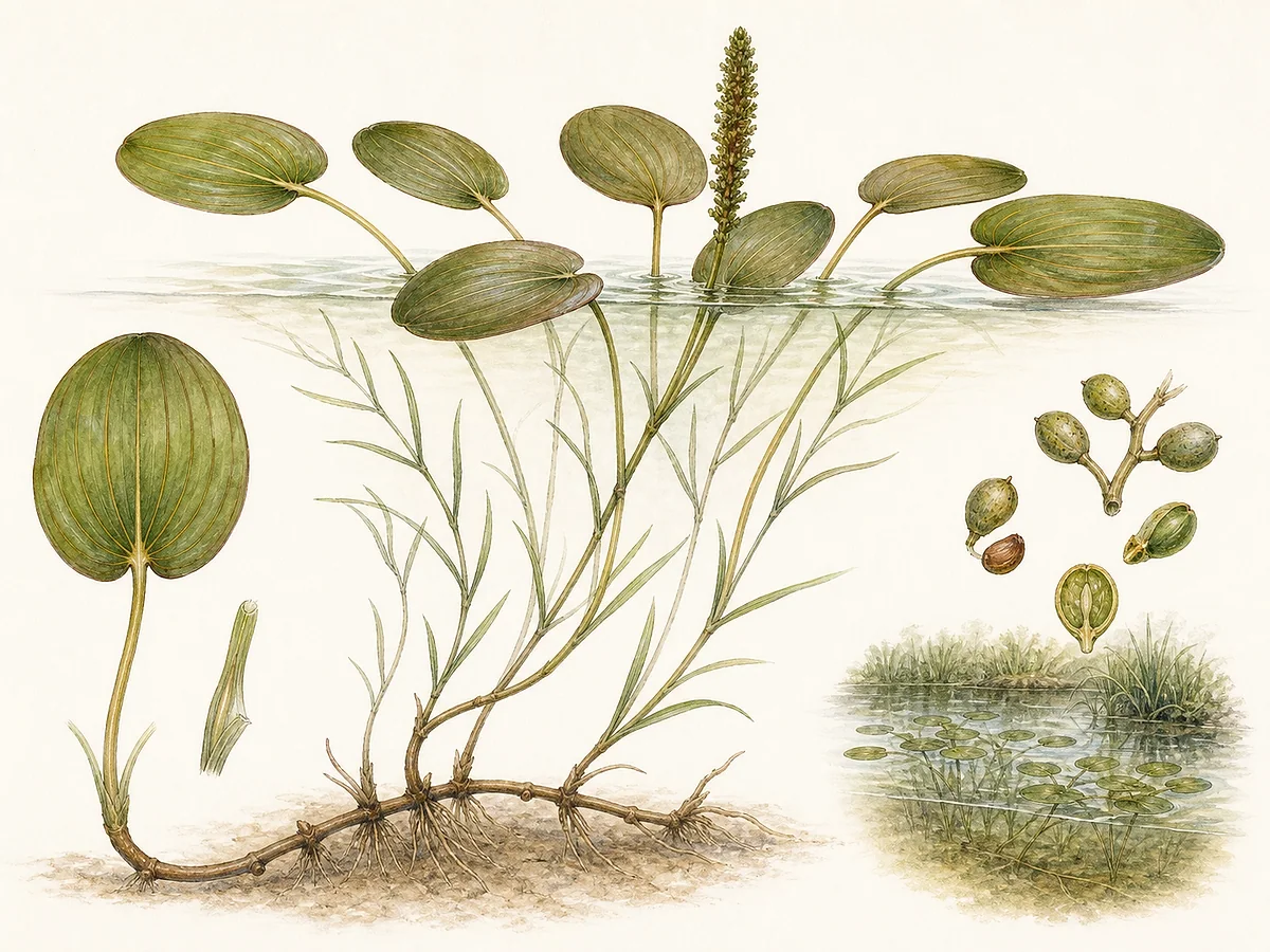 Prancha botânica de Potamogeton natans com rizoma submerso, folhas translúcidas estreitas debaixo de água, folhas ovais flutuantes e espiga floral