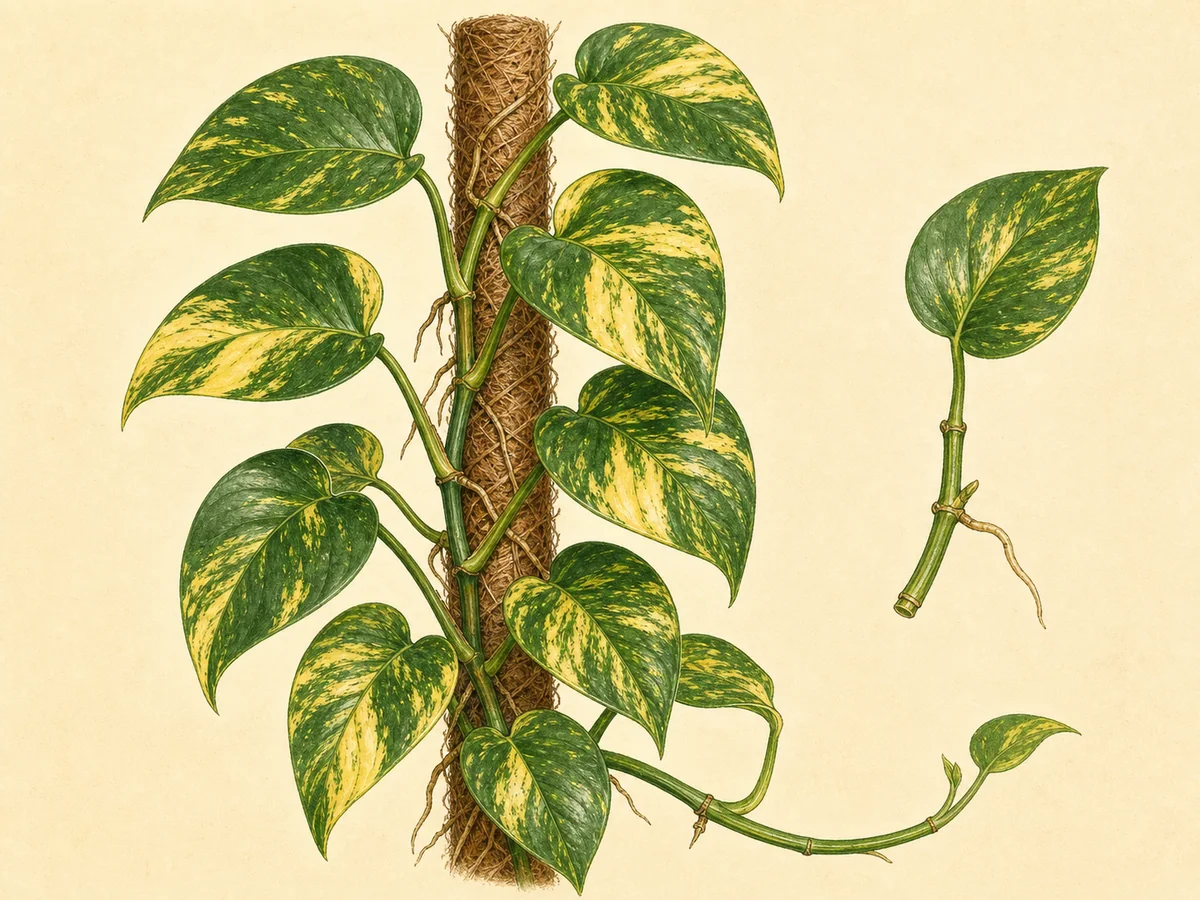 Ilustração botânica de um pothos trepador com folhas cordiformes verdes salpicadas de amarelo e raízes aéreas