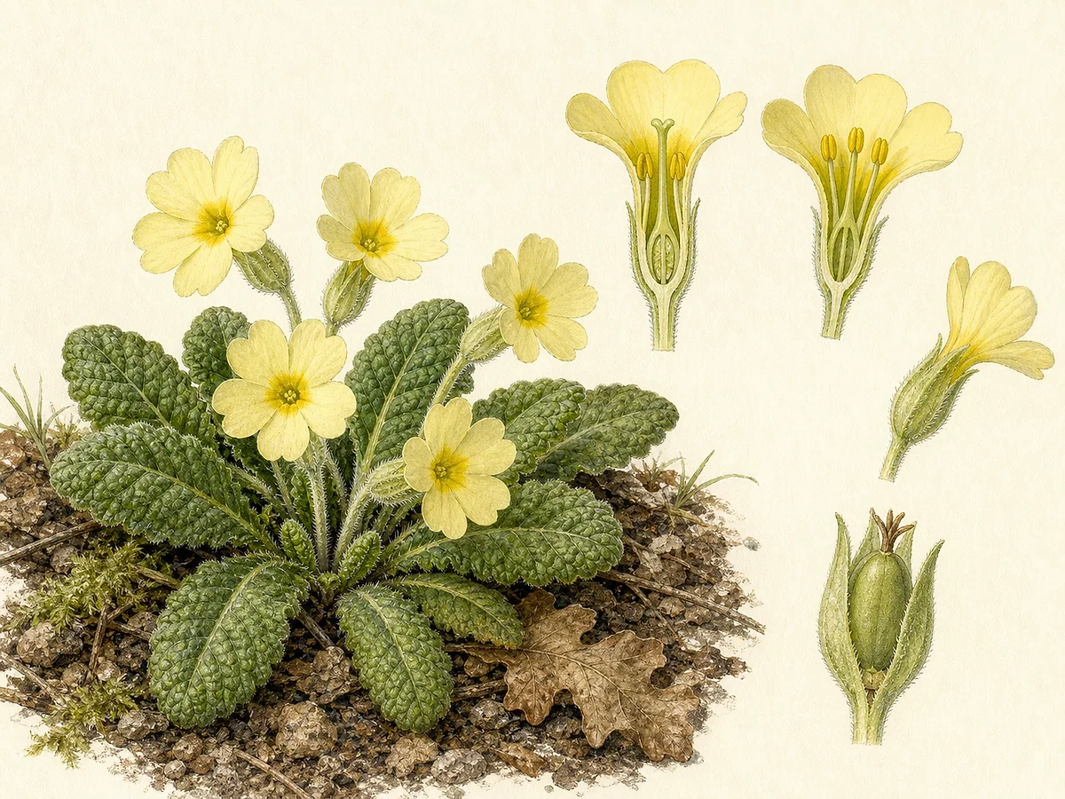 Prancha botânica de Primula acaulis subsp. acaulis com roseta de folhas rugosas, flores amarelo-pálidas solitárias quase sem haste e cápsula dentro do cálice