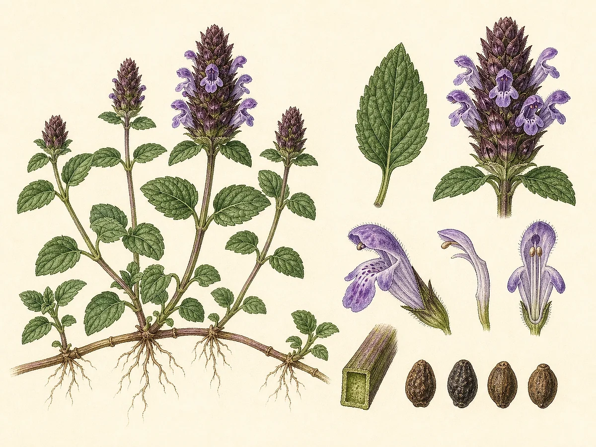 Prancha botânica de Prunella vulgaris com herbácea rasteira, caule quadrangular, folhas opostas, espiga violeta, flor bilabiada e núculas