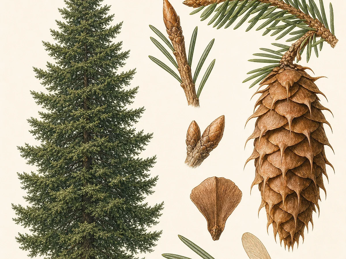 Prancha botânica de Pseudotsuga menziesii com conífera alta, agulhas planas, cones pendentes com brácteas de três pontas e sementes aladas